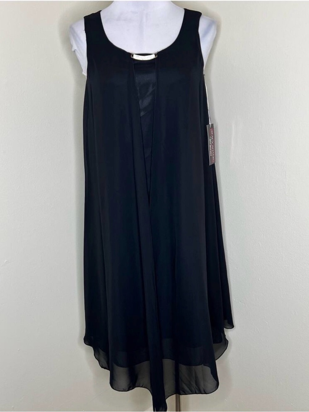 Stacy Adams Shift Dress 6 Black Drape Overlay Evening Jeweled Special Occasion